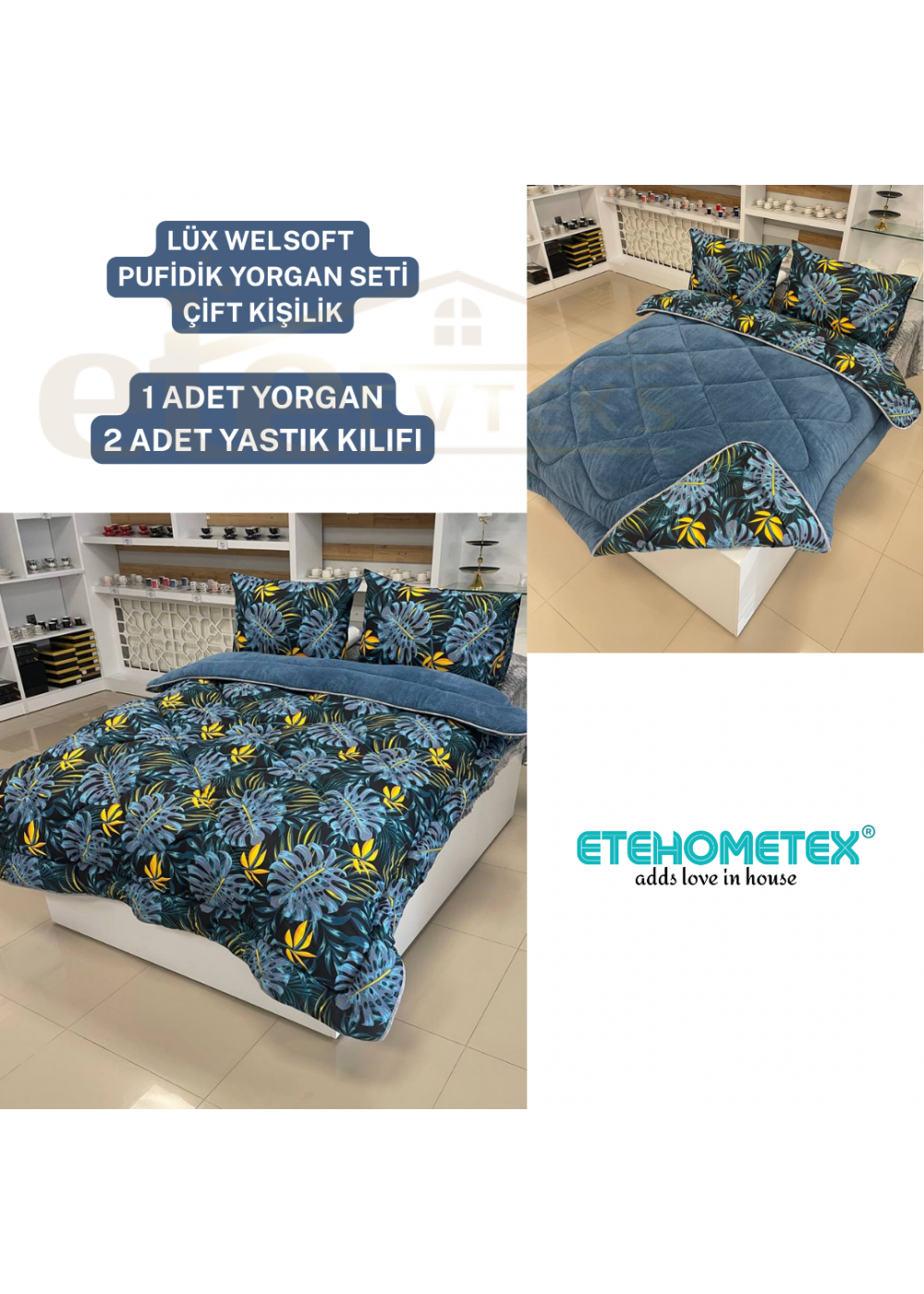 ETE HOMETEX ÇİFT KİŞİLİK LÜX WELSOFT YORGAN 195X215CM MONESTERA İNDİGO 8696474231953